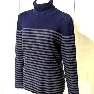 Liz Claiborne Cotton Blend Navy/Grey Stripe Turtleneck Long Sleeve Sweat…